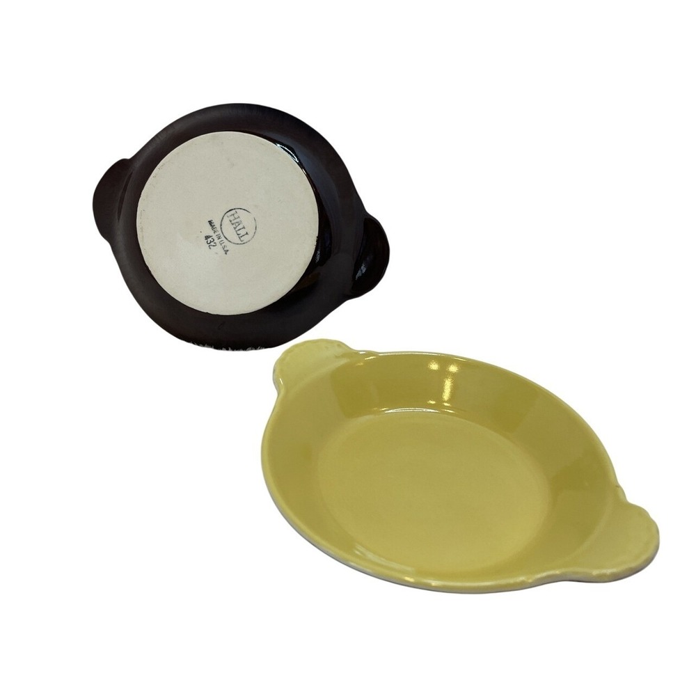 Hall China 432 Au Gratin Baking‎ Dishes Yellow Brown Set of 2 Made in USA